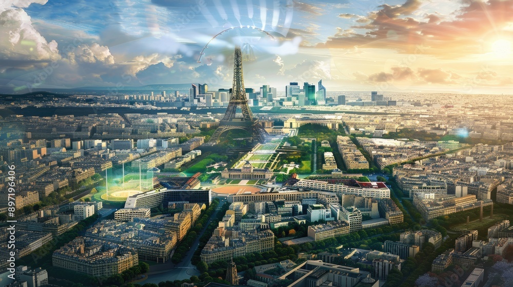 Artistic depiction of the Paris 2024 Olympics venues superimposed with famous landmarks. Artistic depiction of the Paris 2024 Olympics venues superimposed with famous landmarks.