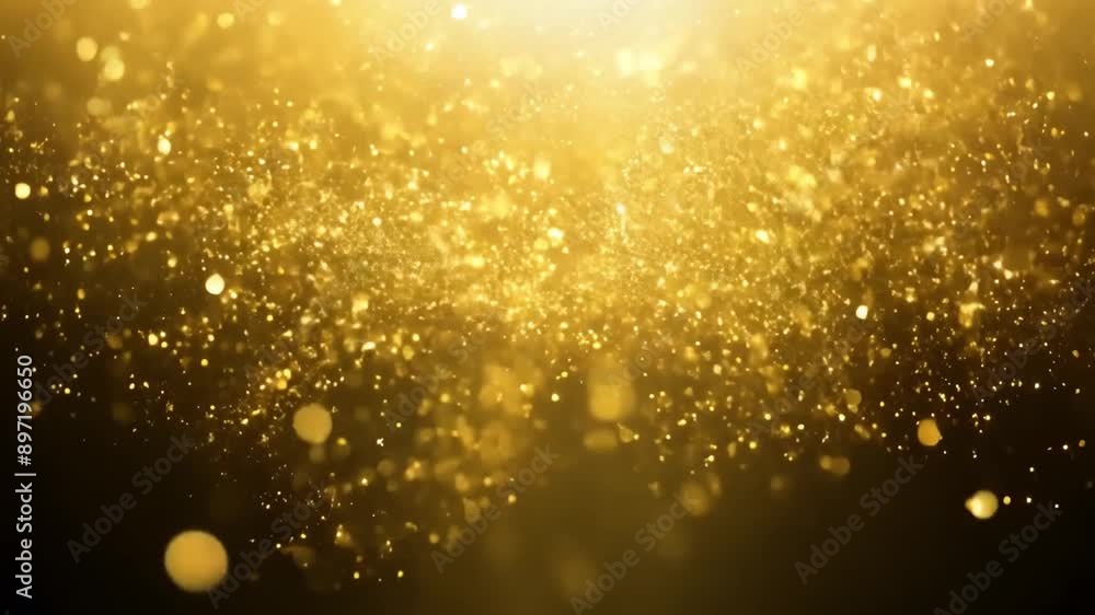 Golden glitter floats and disperses with light beams shining through a dark background. Golden glitter floats and disperses with light beams shining through a dark background.