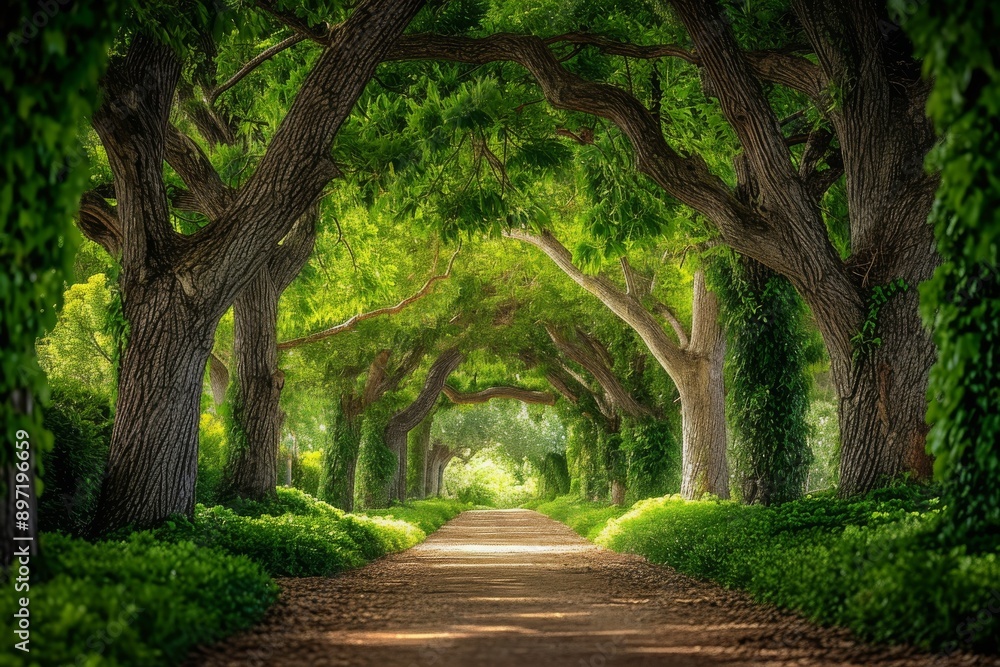 Fototapeta premium A dirt road winds its way through a lush landscape of trees and greenery, creating a picturesque scene of natural beauty, Enchanted tree alley in a mystical park setting, AI Generated