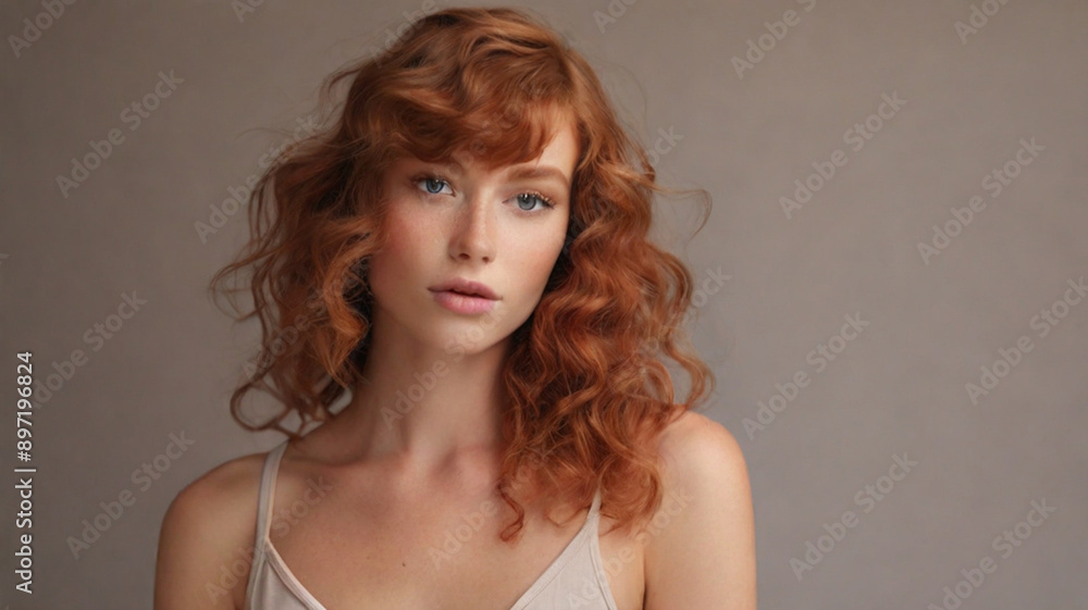 Studio portrait of gorgeous female ginger model with fresh glowy skin and voluminous well defined healthy curly hair Studio portrait of gorgeous female ginger model with fresh glowy skin and voluminous well defined healthy curly hair