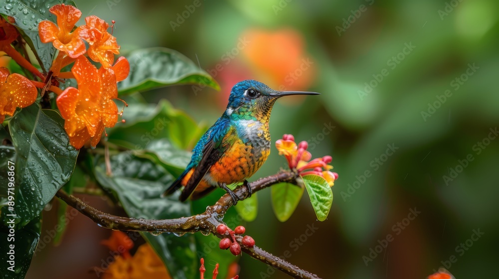 A stunning, colorful hummingbird perches on a branch surrounded by vibrant flowers, showcasing the beauty and diversity of nature and wildlife photography. A stunning, colorful hummingbird perches on a branch surrounded by vibrant flowers, showcasing the beauty and diversity of nature and wildlife photography.