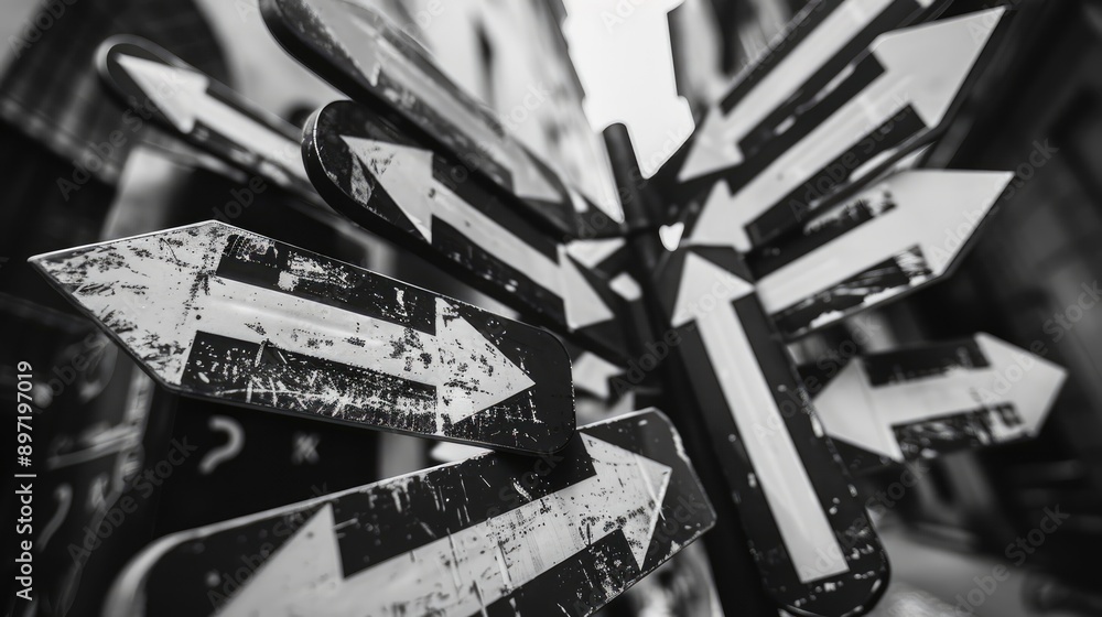 Fototapeta premium Black and white arrow signs, pointing in various directions, for a classic, timeless look.