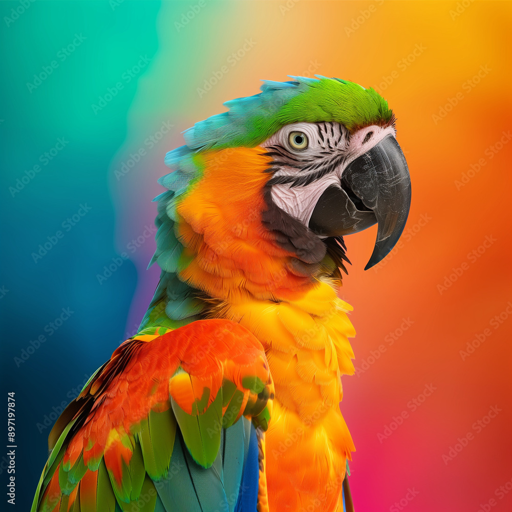 Obraz premium Colorful Companions: Vibrant Parrot on a Rainbow Background