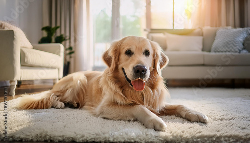 A happy and content Golden Retriever lies on a plush white carpet in a sunlit living room