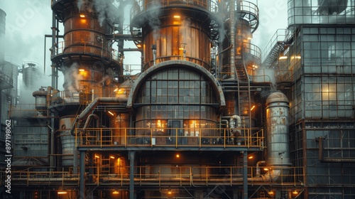 Industrial Complex With Smoke and Lights at Dusk © jul_photolover