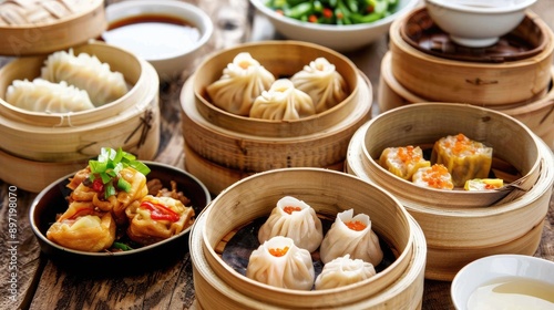 Chinese dim sum assortment in bamboo steamers, with dipping sauces and tea. photo