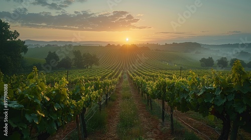 A beautiful vineyard bathed in the warm light of a sunrise, with neat rows of grapevines stretching into the distance, evoking growth and promise.
