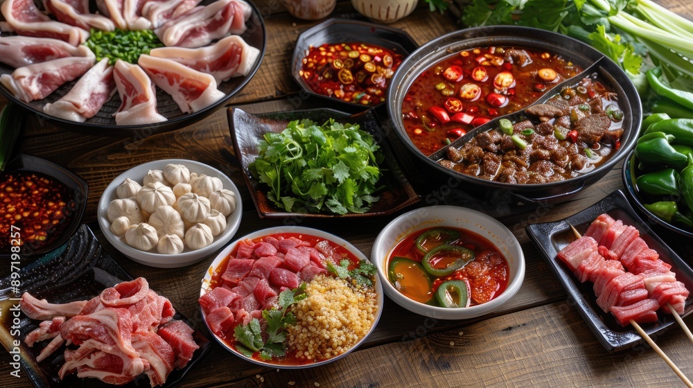 Chinese hot pot setup with assorted meats, vegetables, and dipping sauces. Chinese hot pot setup with assorted meats, vegetables, and dipping sauces.