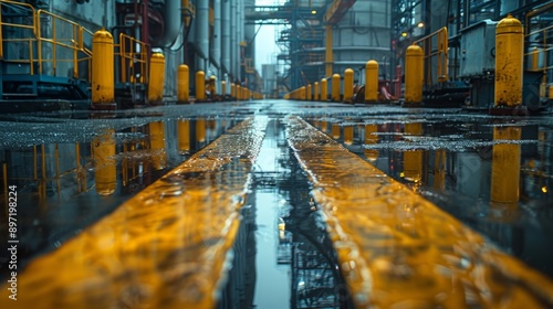 Wet Yellow Lines in Industrial Area After Rain