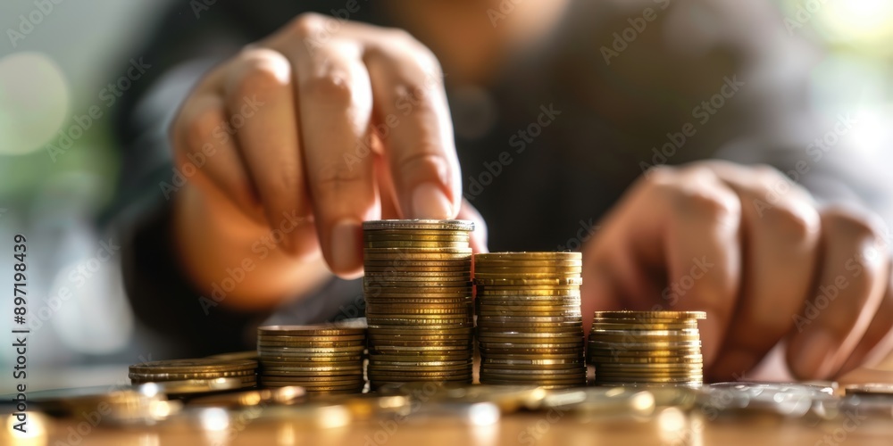 Person holding a stack of coins, symbolizing savings and investment Person holding a stack of coins, symbolizing savings and investment