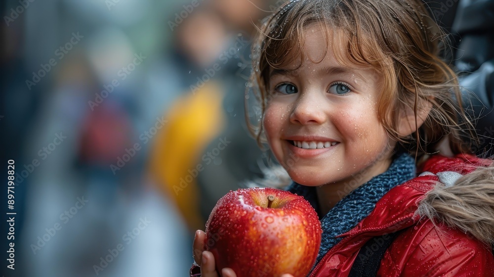 A cheerful child in a red raincoat, holding a red apple and smiling warmly, standing in a rainy day scenery, embodying joy and innocence against a blurred background. A cheerful child in a red raincoat, holding a red apple and smiling warmly, standing in a rainy day scenery, embodying joy and innocence against a blurred background.
