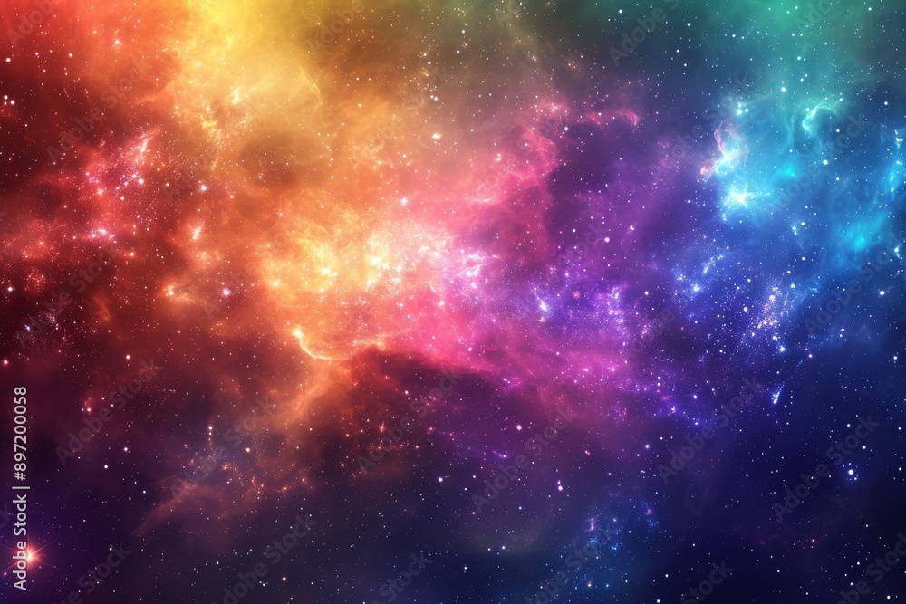 A vibrant and dynamic scene of a space filled with dazzling stars shining brightly against a dark background, Exaggerated nebulosity of a dwarf galaxy in rainbow colors, AI Generated A vibrant and dynamic scene of a space filled with dazzling stars shining brightly against a dark background, Exaggerated nebulosity of a dwarf galaxy in rainbow colors, AI Generated