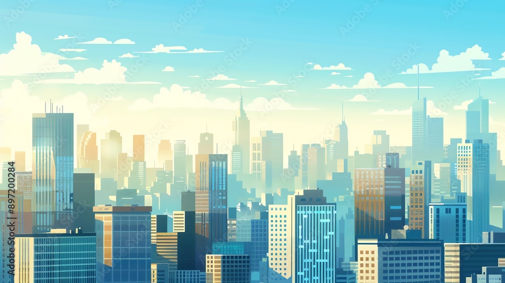 Obraz premium Cartoon illustration of a city skyline at sunrise.