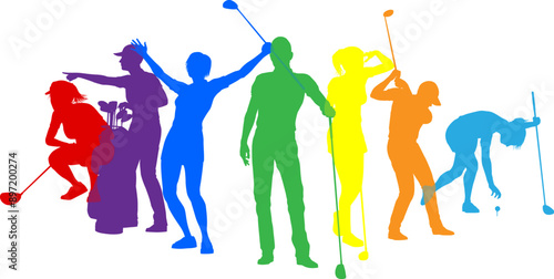 Silhouette golf player set. Active golfers golfing sports people healthy players fitness silhouettes concept.