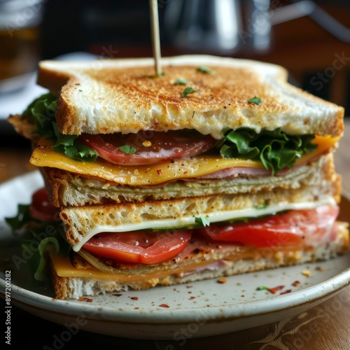 A tasty sandwich featuring layers of ham, cheese, lettuce, and tomato, all between slices of fresh bread, perfect for a quick meal.