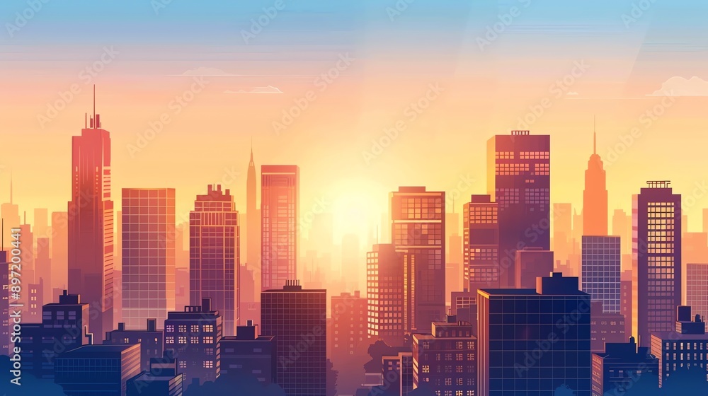 Fototapeta premium A cartoon illustration of a cityscape at sunset.
