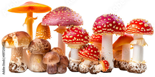 A row of mushrooms with some of them being red and some of them being brown photo