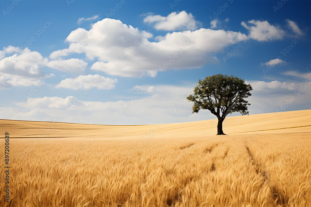 Lonely tree in wheat field under blue sky with white clouds Lonely tree in wheat field under blue sky with white clouds