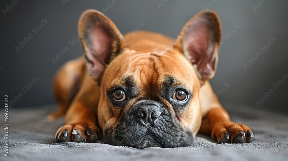 French Bulldog Gaze: A close-up portrait of a brown French Bulldog with soulful eyes, resting on a cozy blanket. French Bulldog Gaze: A close-up portrait of a brown French Bulldog with soulful eyes, resting on a cozy blanket.