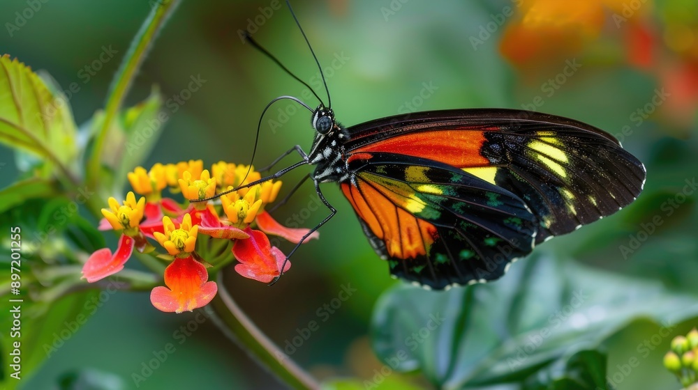 Close-up of a vibrant butterfly perched on a flower in a tropical rainforest. Close-up of a vibrant butterfly perched on a flower in a tropical rainforest.