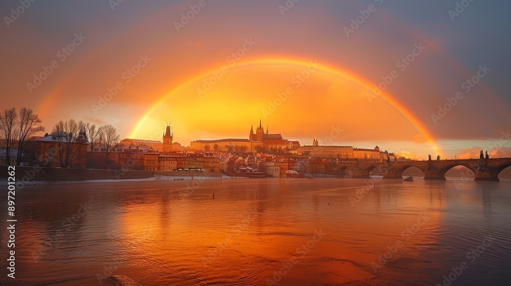 Fototapeta premium A stunning view of a city at sunset with a striking rainbow arcing across the sky, illuminating historic buildings with a golden glow.