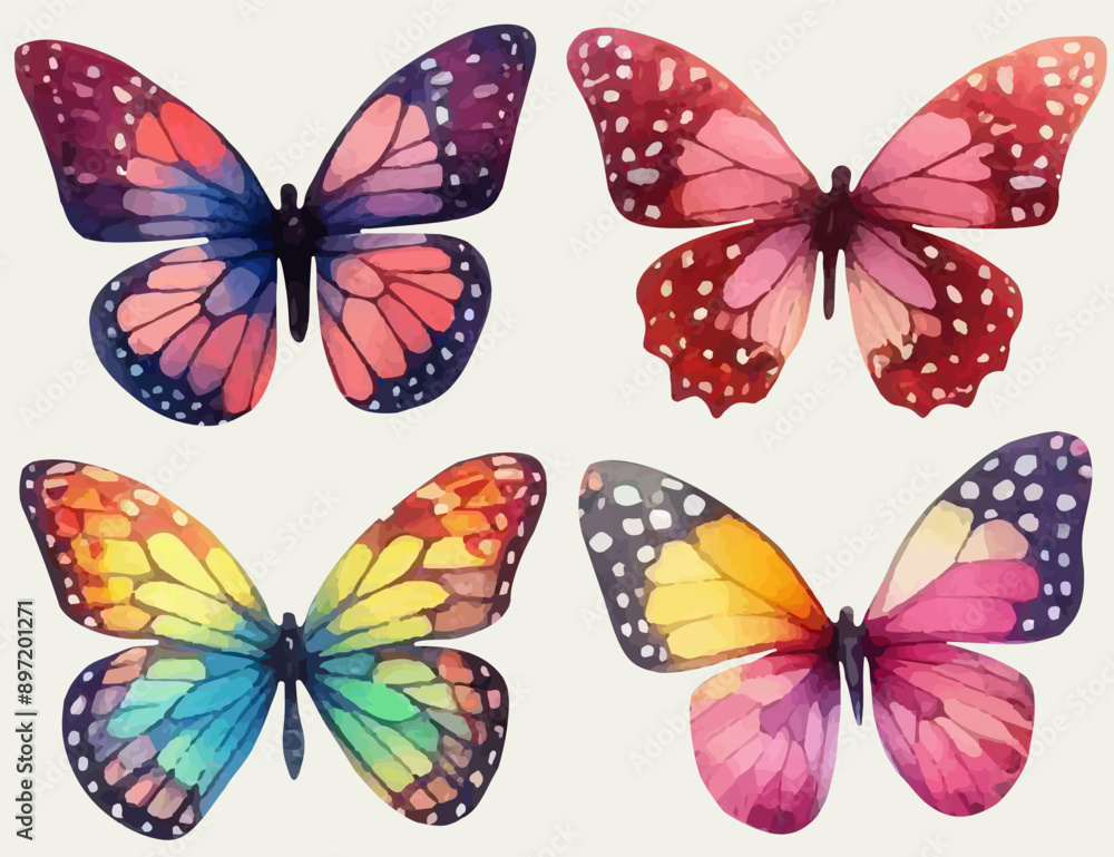 set with a variety of bright butterflies in a watercolor style set with a variety of bright butterflies in a watercolor style