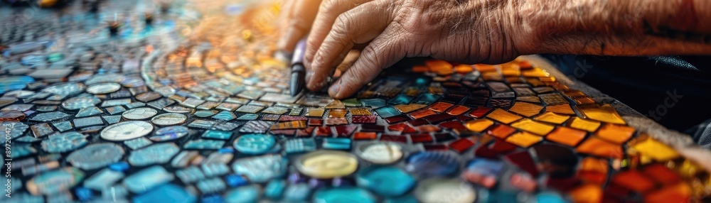 DIY enthusiast creating a mosaic tabletop with colorful tiles, illustrating artistic and intricate craftsmanship DIY enthusiast creating a mosaic tabletop with colorful tiles, illustrating artistic and intricate craftsmanship