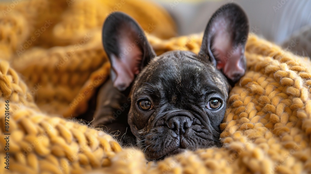Cozy French Bulldog Puppy Snuggling Under Blanket Cozy French Bulldog Puppy Snuggling Under Blanket