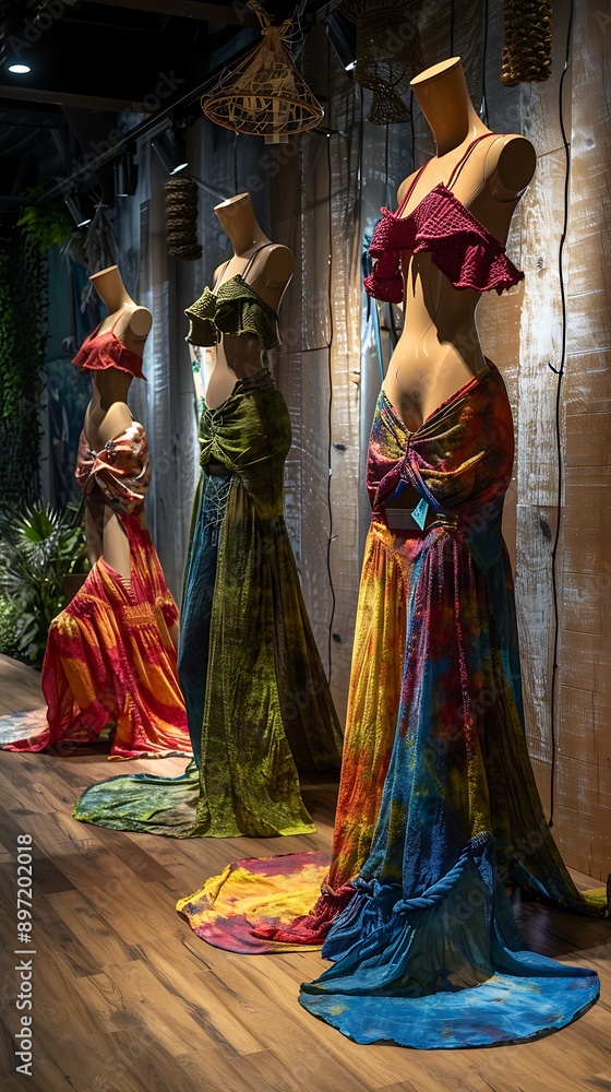 Naklejka premium Tilted angle view of a stylish, eco-friendly fashion display, mannequins draped in organic hemp fabric, watercolor effect, vibrant colors, accentuating the sustainability theme, natural elements 