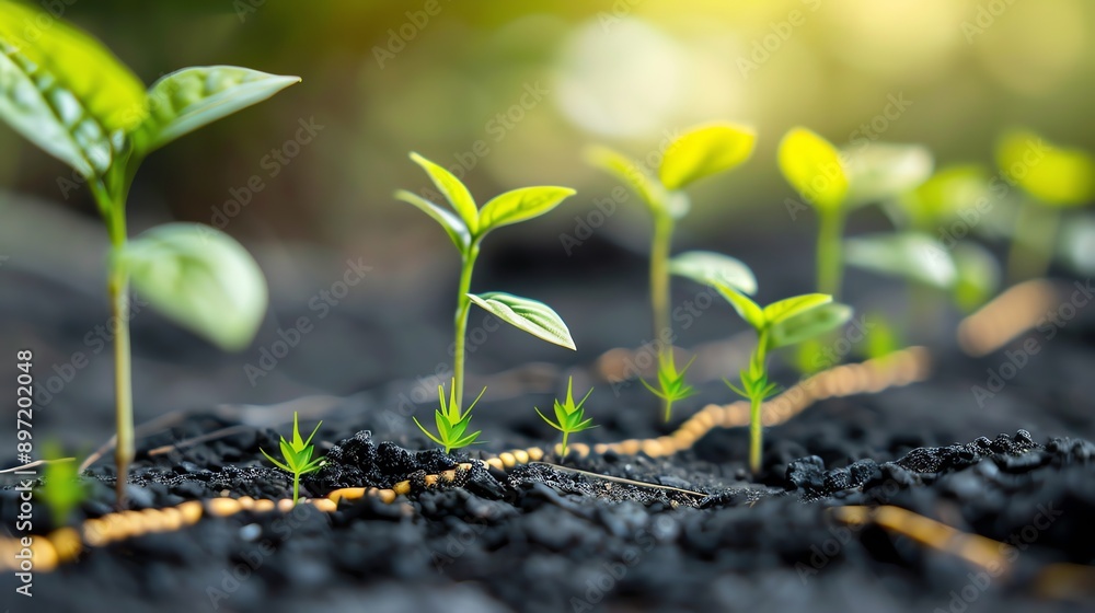A close up of green sprouts growing from dark soil. A close up of green sprouts growing from dark soil.