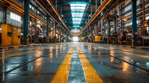 Empty Factory Floor With Yellow Stripes and Industrial Equipment