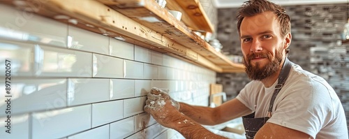 DIYer installing a new backsplash in a kitchen, showcasing hands-on home improvement skills photo