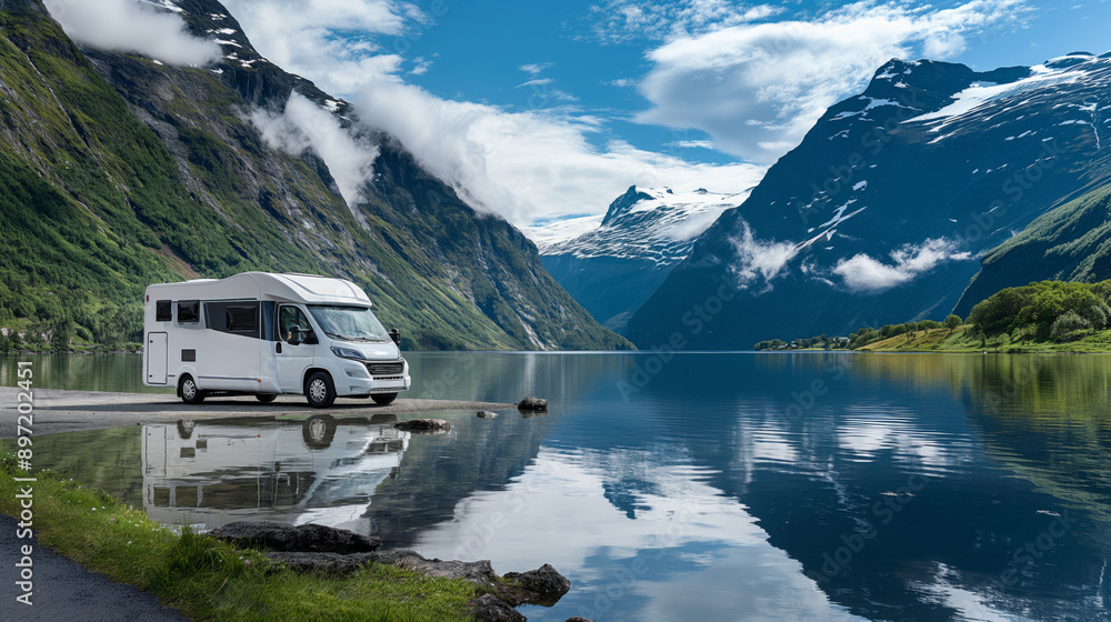 Camper van parked by scenic mountain lake under blue sky. Stock Photo ...