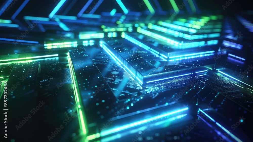 Digital arrows in a futuristic design, glowing in blue and green, on a dark background. Digital arrows in a futuristic design, glowing in blue and green, on a dark background.
