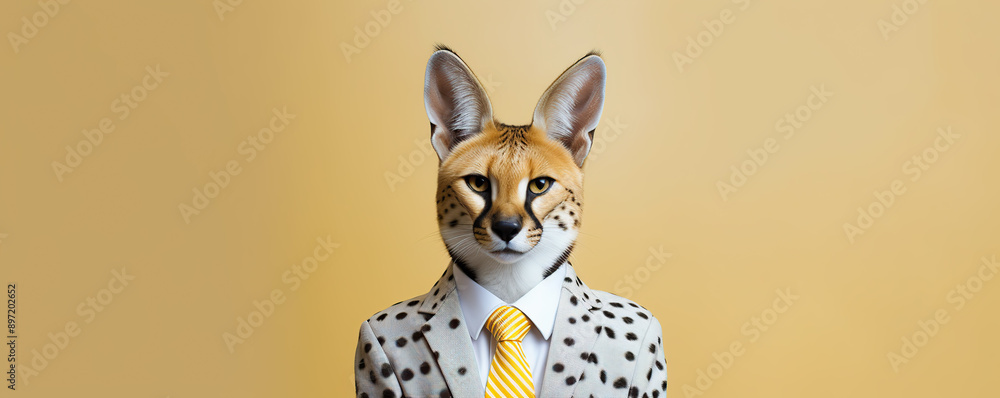 Obraz premium A Sophisticated Serval Dressed in a Stylish Suit With a Yellow Tie