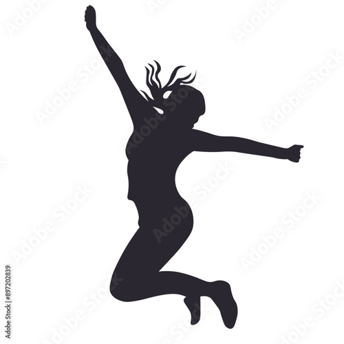 Woman jump silhouette illustration. Female expression happy, fun, excited, success.