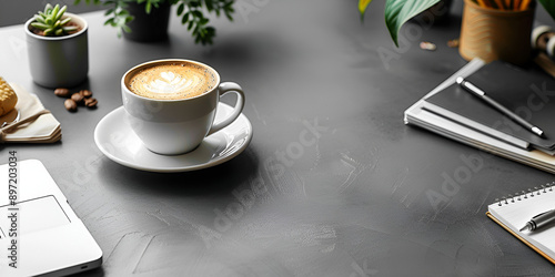 Cozy Workspace: Coffee Cup on Desk with Plants and Notebooks, Inspiring Workspace: Coffee Cup and Notebooks on Modern Office Desk