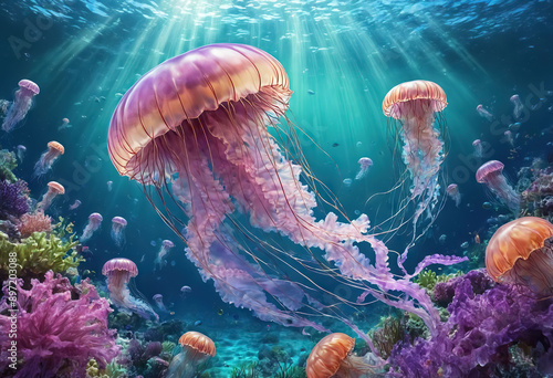 Jellyfish, like translucent dancers, gracefully float through the ocean's depths. Generative AI