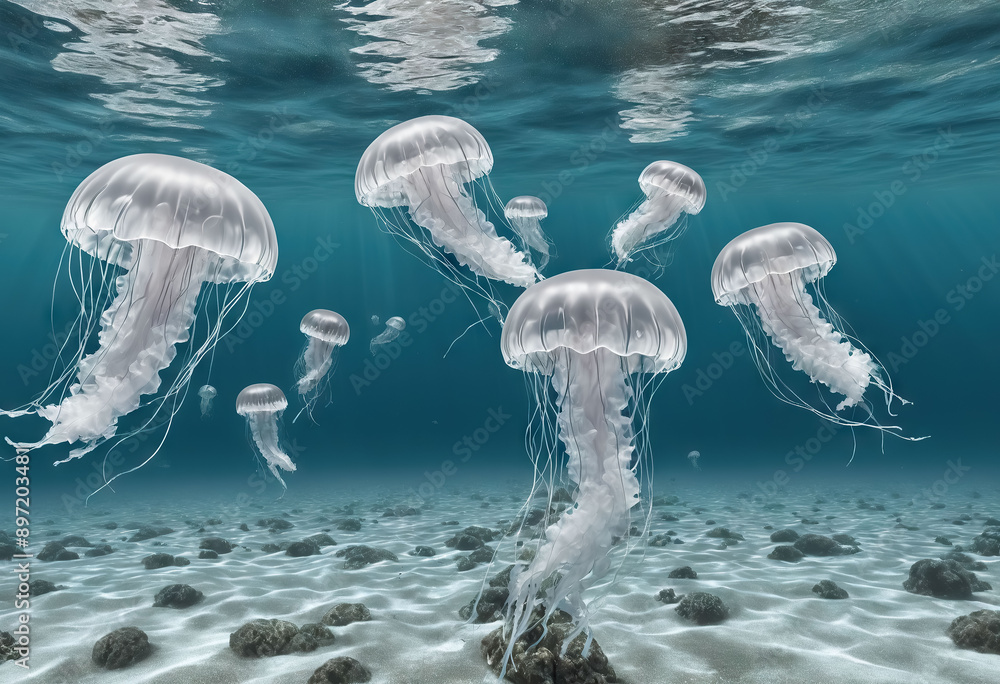 Naklejka premium Jellyfish, like translucent dancers, gracefully float through the ocean's depths. Generative AI