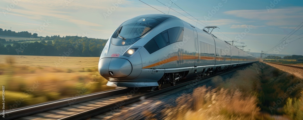 High-speed train speeding through a countryside High-speed train speeding through a countryside