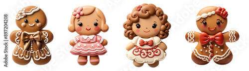 Happy gingerbread girl cookies collection isolated on transparent background