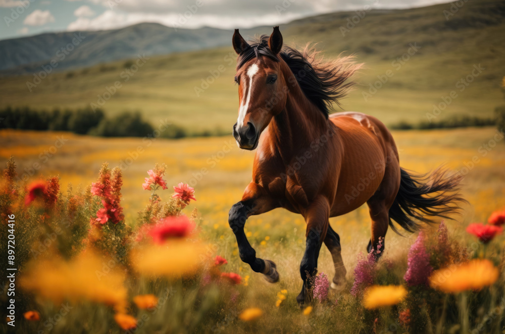 A beautiful racing horse gallops through picturesque nature, capturing freedom and grace in movement A beautiful racing horse gallops through picturesque nature, capturing freedom and grace in movement