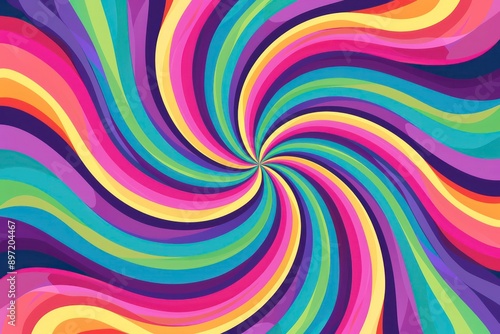 Colorful 70s background with groovy aesthetic, incorporating swirling waves, spiral rays, and a chessboard pattern for a nostalgic, funky vibe.