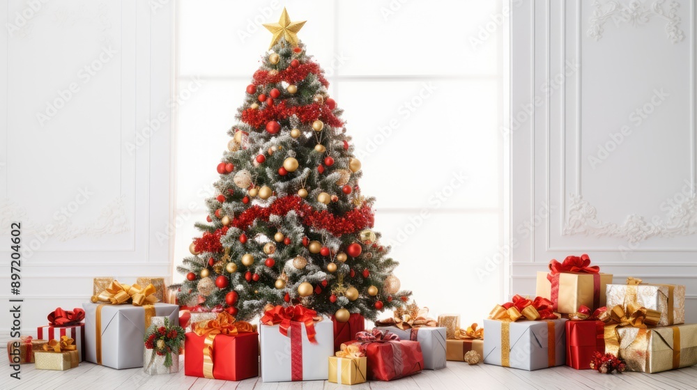 Brightly adorned Christmas tree surrounded Brightly adorned Christmas tree surrounded
