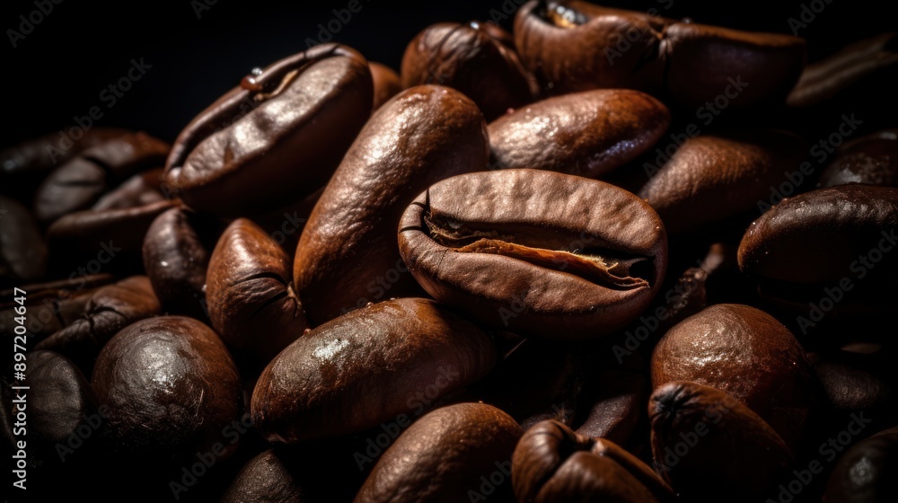 Close-up of a pile of freshly roasted coffee beans on a bright white background Close-up of a pile of freshly roasted coffee beans on a bright white background