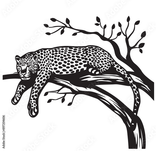 Animal illustration, lying leopard. black and white
