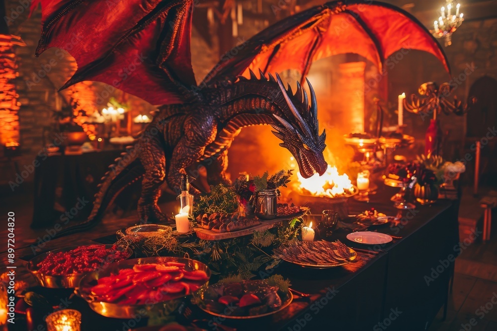 Fototapeta premium A dragon statue sits atop a table covered in a variety of food items, Fantasy dragon themed birthday party for a fiery celebration, AI Generated
