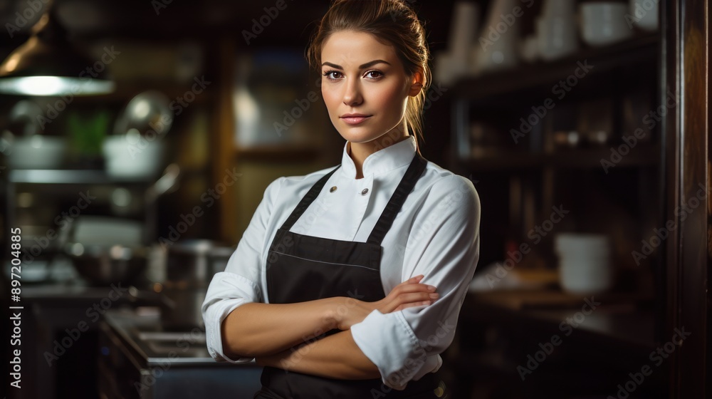 Fototapeta premium Female chef in traditional kitchen attire,