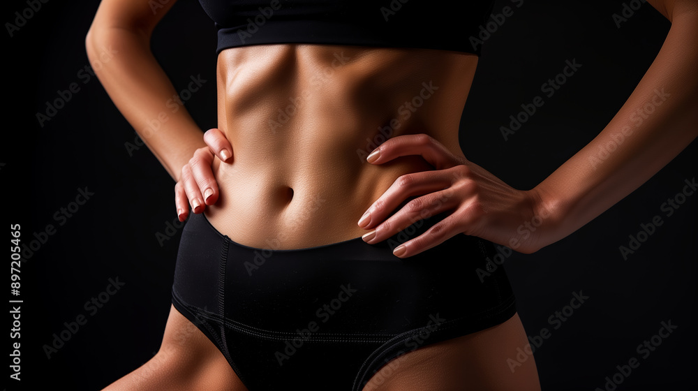 Close-up of a fit woman's torso with defined abs in sportswear on black background. Close-up of a fit woman's torso with defined abs in sportswear on black background.