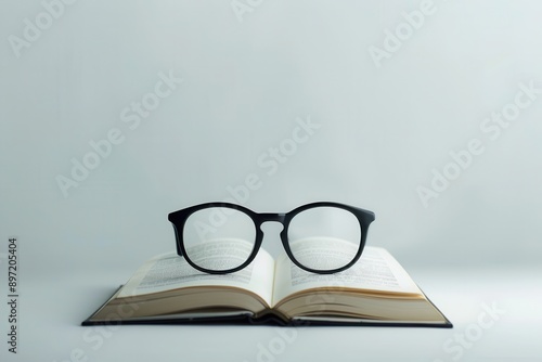 Eyeglasses sit on an open book with a plain white background. Generative AI